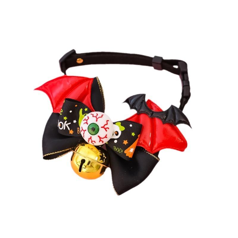 New Adjustable Bat Wings & Eyeball Bow Tie Pet Collar with Bell for Cats & Large Dogs, Scary and Funny Trick-or-Treat Halloween