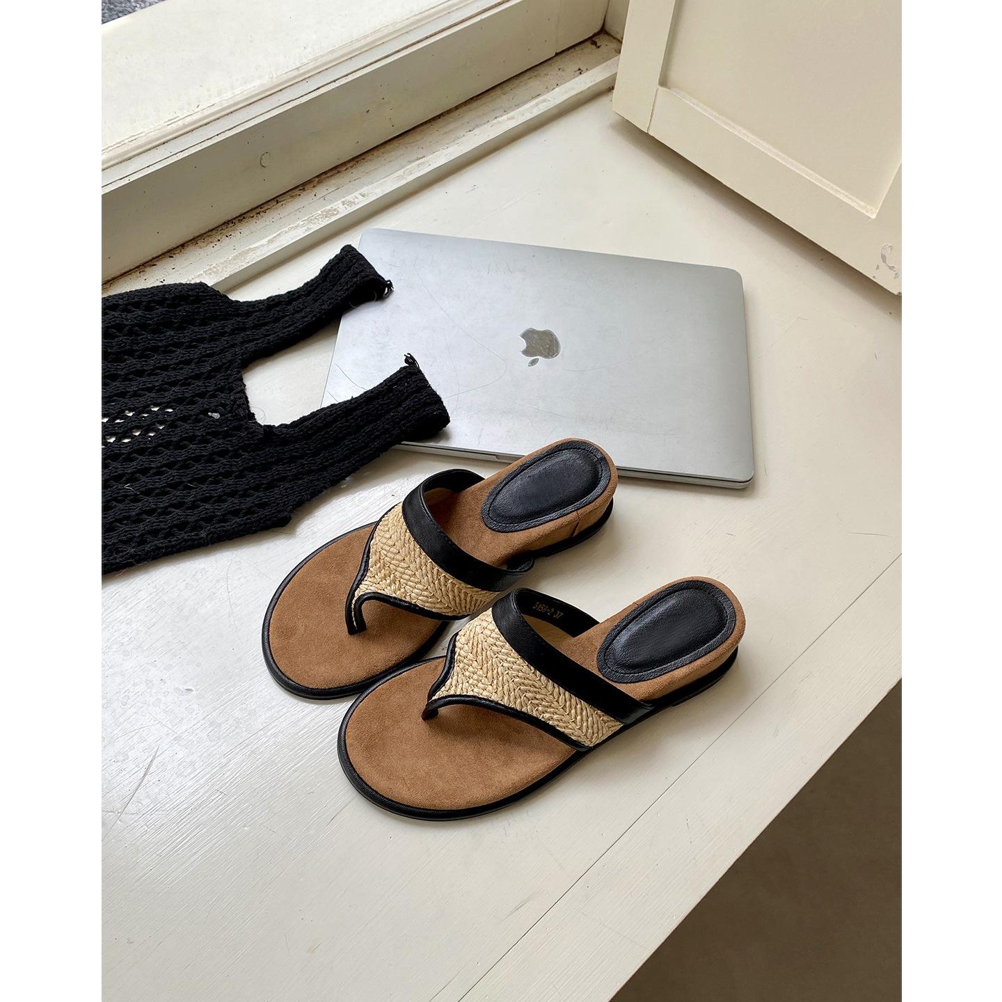 

Soft leather version! Flip-flops, 4cm heightened version, thick-bottomed cool slippers, summer pinch slippers for women 35
