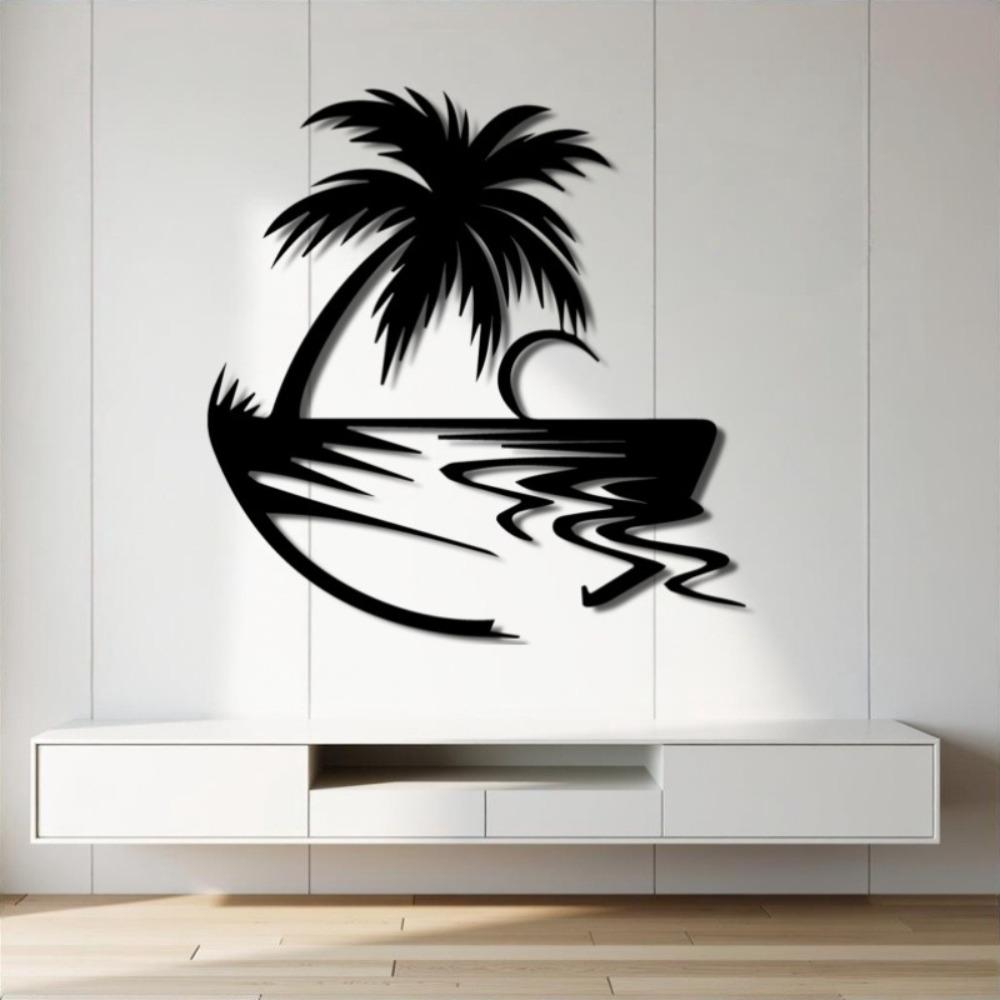 Tropical Paradise Metal Wall Art Palm Tree Ocean Moon Iron Artwork Home Living Room Bedroom Decor Coastal Farmhouse Hanging Ornament