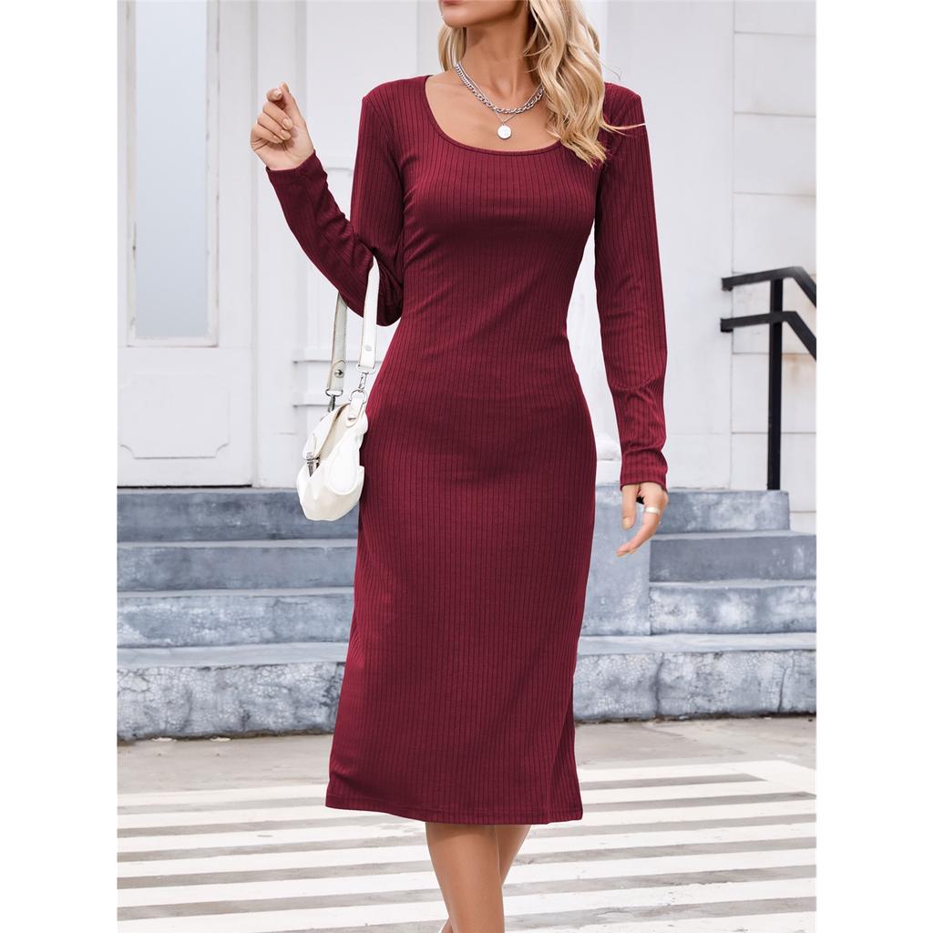 Women's Solid Color Long Sleeve Square Neck Slim and Elegant Long Dress