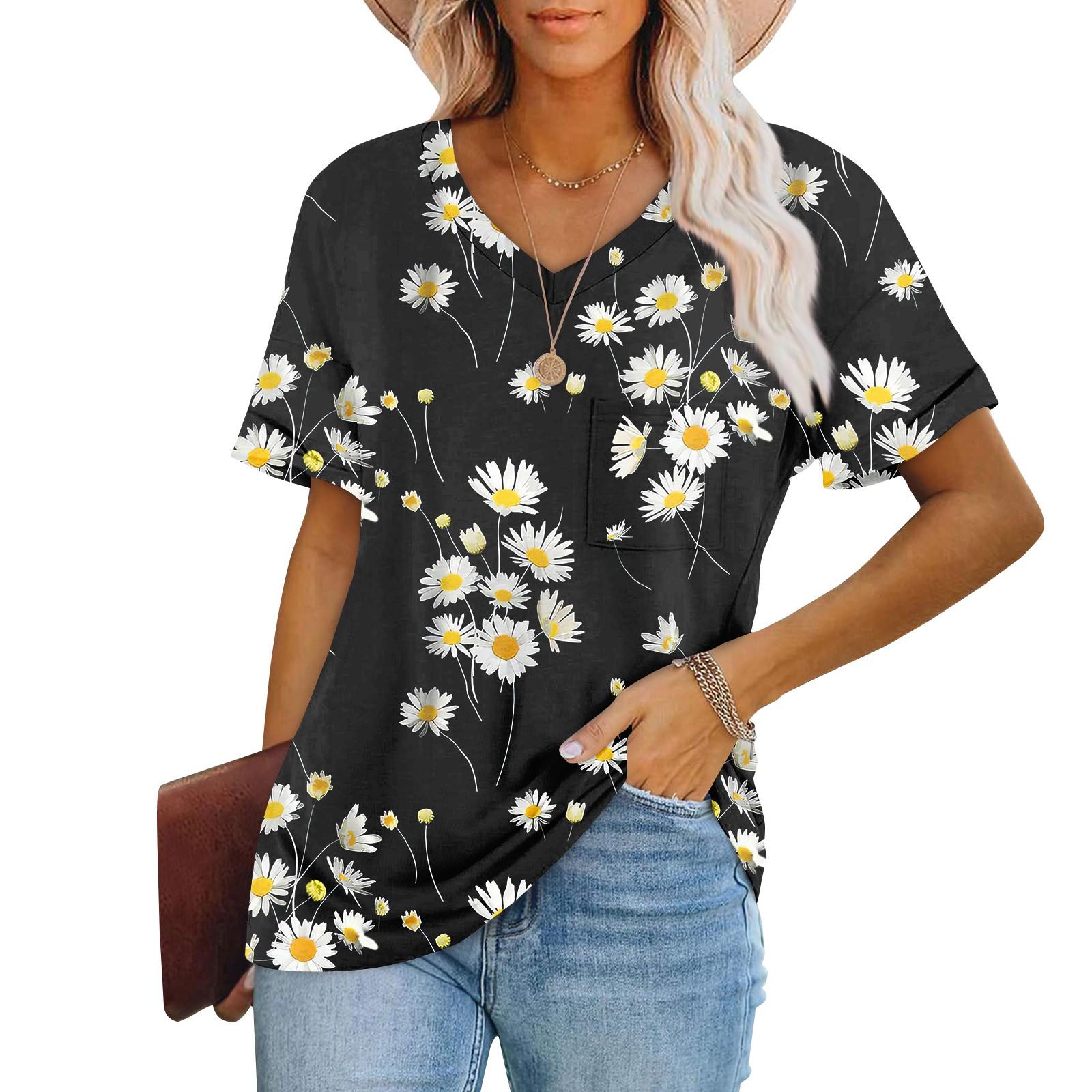 

Женские футболки с коротким рукавом и v-образным вырезом, милые летние повседневные футболки L чёрный