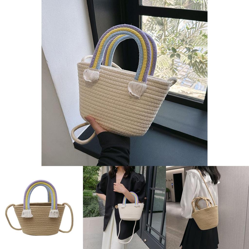 Adorable Rainbow Cloud Tote Bag Handcrafted Cotton Linen Weave Ideal For Beach Getaway