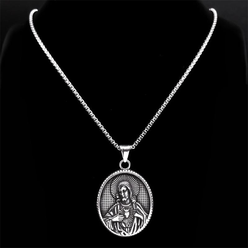 Retro Katholische Heiliges Herz Jesu Halskette für Damen Herren Edelstahl Silberfarbe Medaille Anhänger Halsketten Schmuck NZZS05