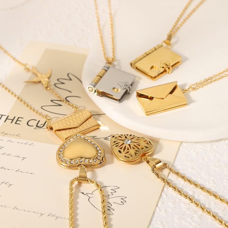 Stainless Steel Book-Shaped Pendant Necklace With Heart Clasp Women Ins Style Minimalist Locket Chain Jewelry
