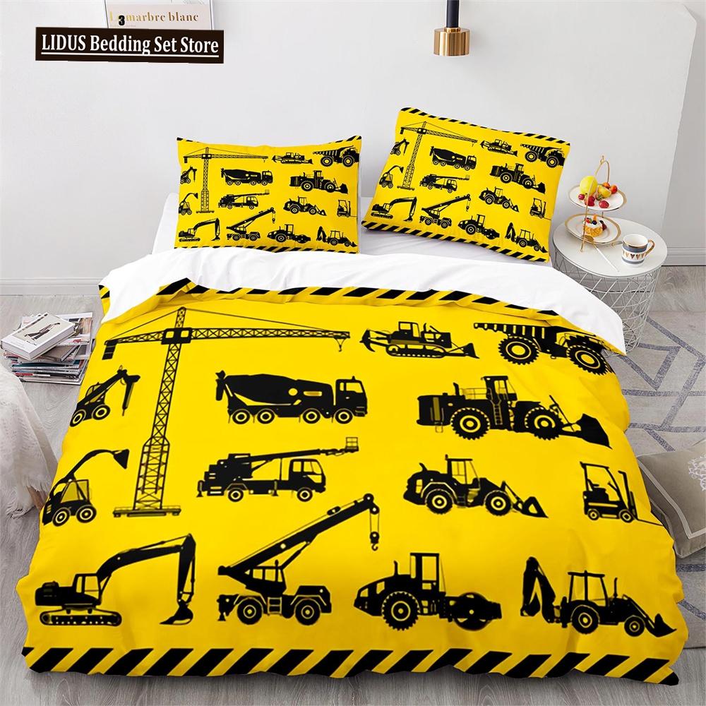 Digger Duvet Cover Set Cartoon Heavy Machinery Truck Crane Mixer Excavator Tractor Pattern For Kid Teen Polyester Bedding Set
