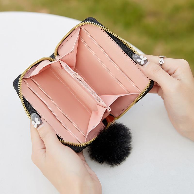 New fashionable women's wallet clutch bag, short change bag, diamond hairball decorative card bag, one piece.