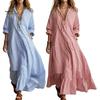 Comfortable Summer Dress Women Striped Long Sleeve Dress, V-Neck Collar Maxi Shirt Elegant for Autumn, Breathable Loose Fit Casual Retro