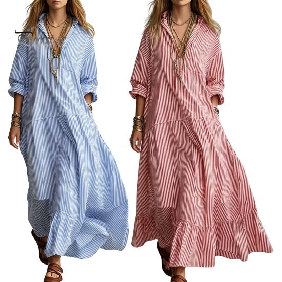 Comfortable Summer Dress Women Striped Long Sleeve Dress, V-Neck Collar Maxi Shirt Elegant for Autumn, Breathable Loose Fit Casual Retro