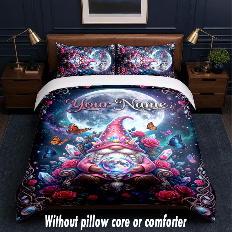 Gnome Theme Custom Text Or Name 3Pcs Bedding Set,1 Flat Sheet & 2 Pillowcases Personalized Home Bedding