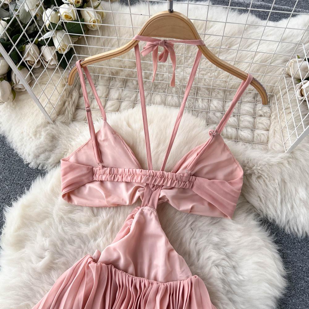 French Sexy Hollow Out Irregular Slim Beach Pleated Dress Women Seaside Holiday New Fashion Sleeveless Bohemian Clothes