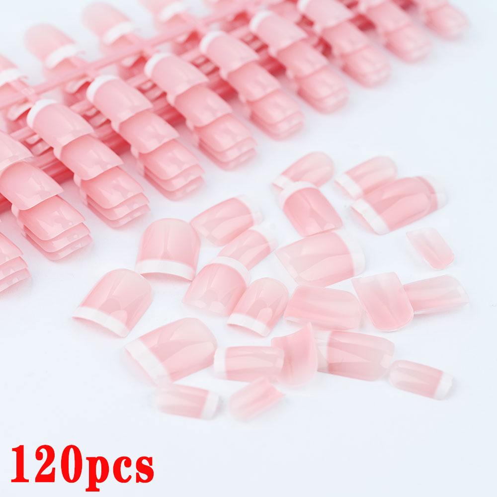 120 Pièces Ongles Press-On Carrés Courts Roses Faux Ongles Français Blanc Brillant Réutilisables Couverture Complète Pointe d'Ongle Français Rose Semi-transparente