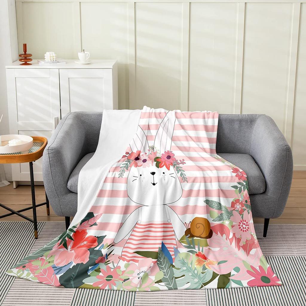Pink cartoon rabbit Printed Blanket for Sofa Bed Travel Camping Living Room Office Conditioning Blanket for All Seasons Gifts