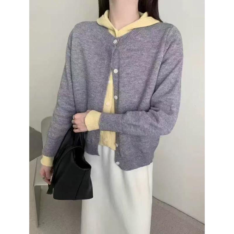 New Versatile Fake Two-piece Color Matching Hooded Knitted Cardigan Women's Loose Long-sleeved Sweater Cardigan Women's