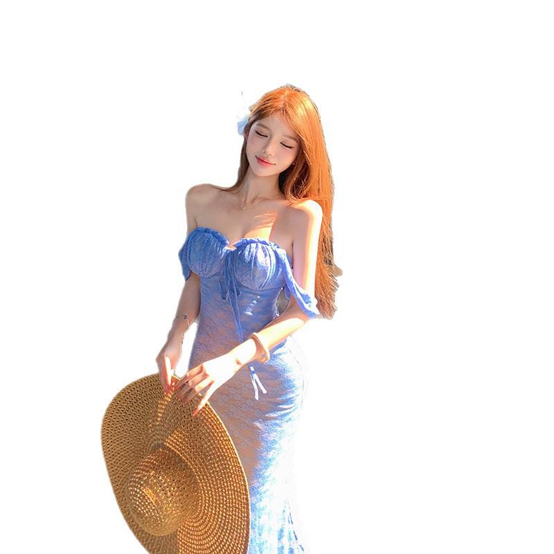 Real shot lace suspender dress women's 2026 retro new sexy tube top long dress vacation style skirt