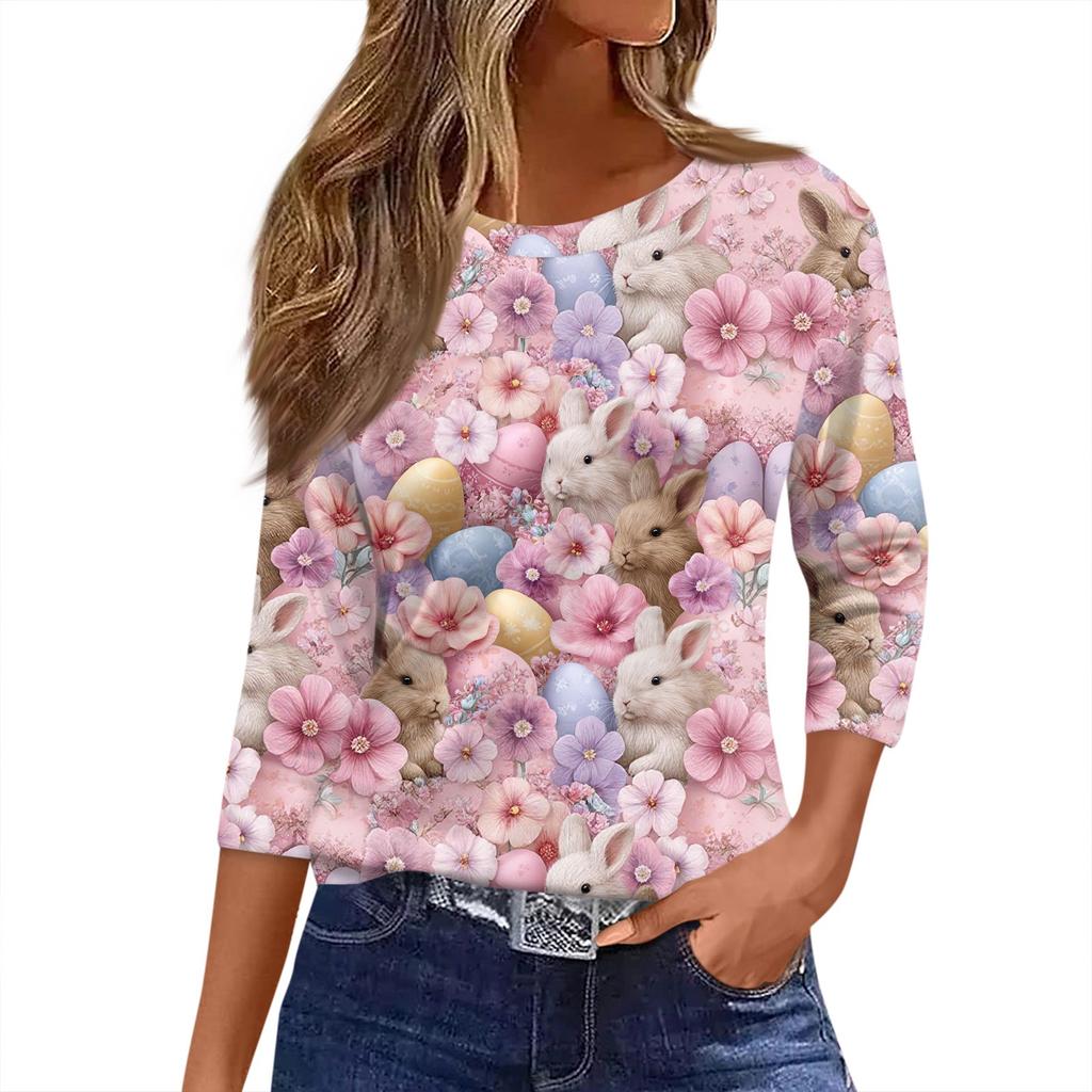 Damen T-Shirt mit Weihnachtsdruck, 3/4-Ärmel, für den Alltag, Wochenendmode, Basic, Rundhalsausschnitt, normales Oberteil