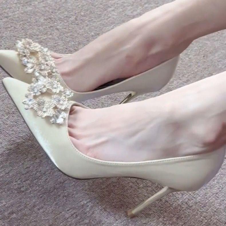 Rhinestone pointed high heels New Year's fairy temperament thin heel square buckle single shoes wedding bride shoes