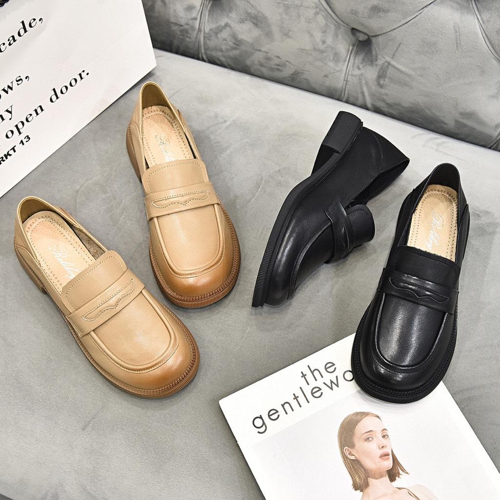 2025 Spring New Loafers Women's Flat-soled Single Shoes First Layer Cowhide Round Head Casual Women's Shoes Two Wear Lazy Shoes