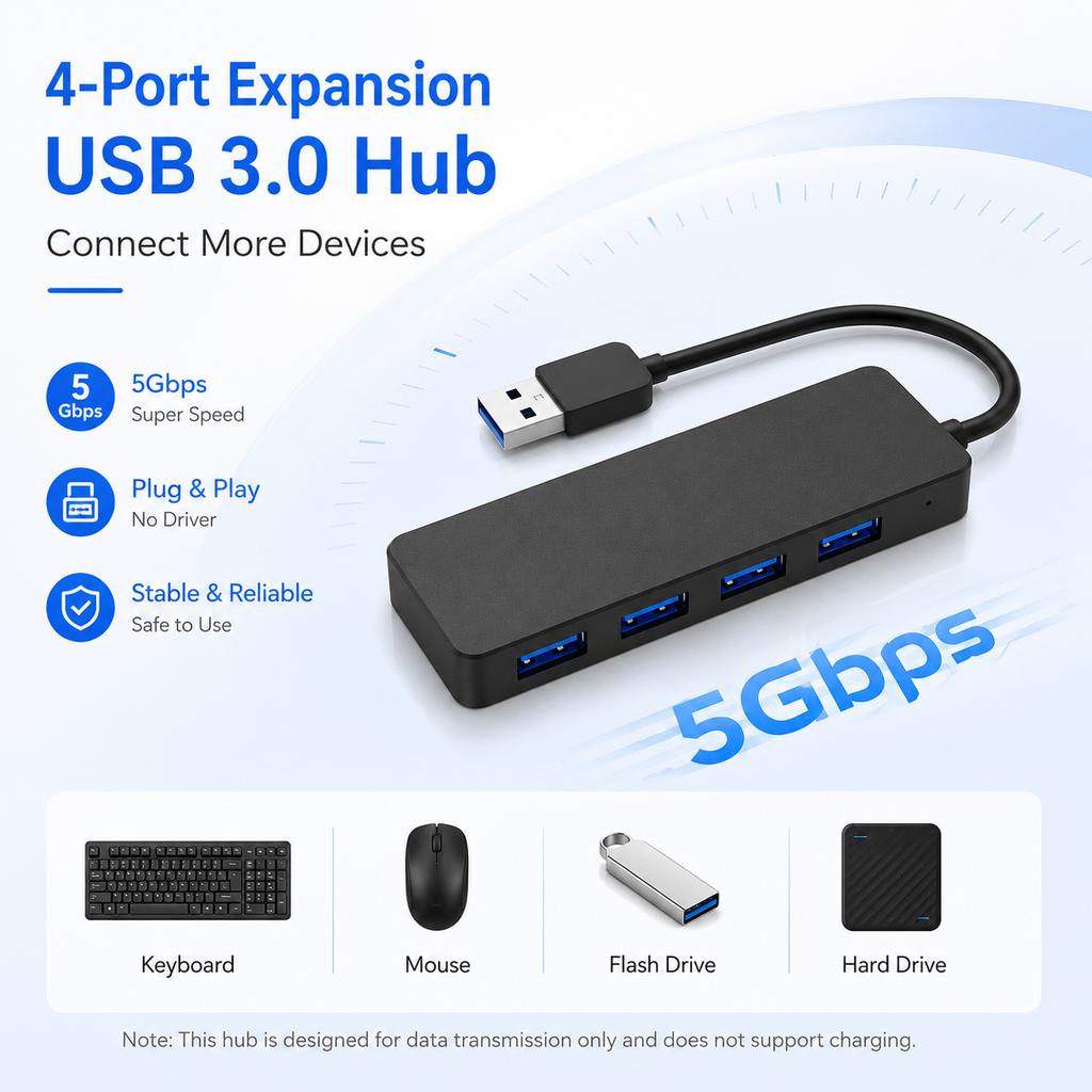 4-Port USB 3.0 Hub 5Gbps High Speed 4-in-1 Portable ABS USB Splitter Plug-and-Play Expansion for Laptops & PCs in Stock