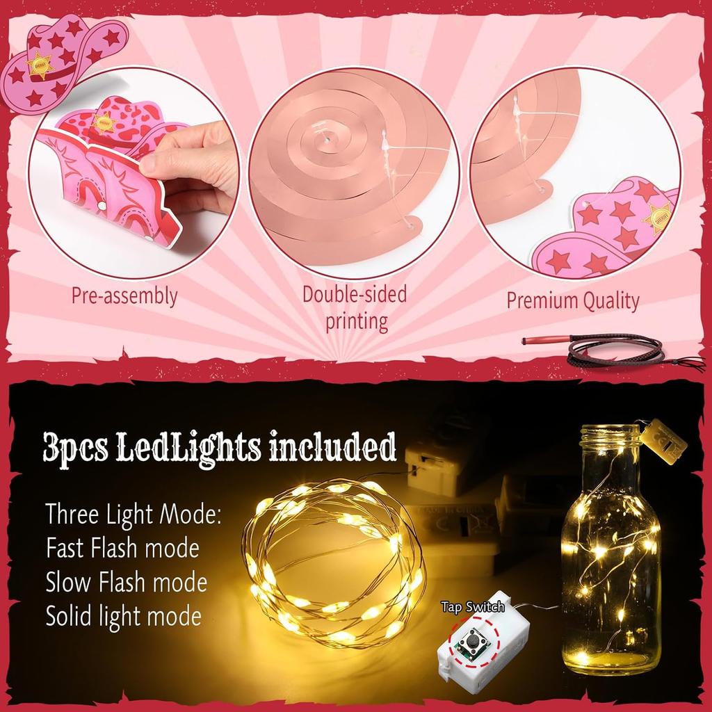 Pajean 57 Pcs Cowgirl Party Decorations with LED Light Pink Boot Hanging Swirls Decorations Western Cowgirl Boot Hanging Banner for Western Baby