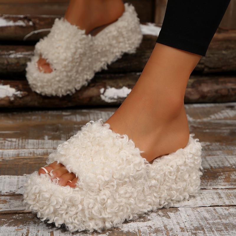 One-word Cotton Slippers Women's Thick-soled High-heeled Autumn and Winter New Large-size Fluffy Slippers Women's Outer Slippers