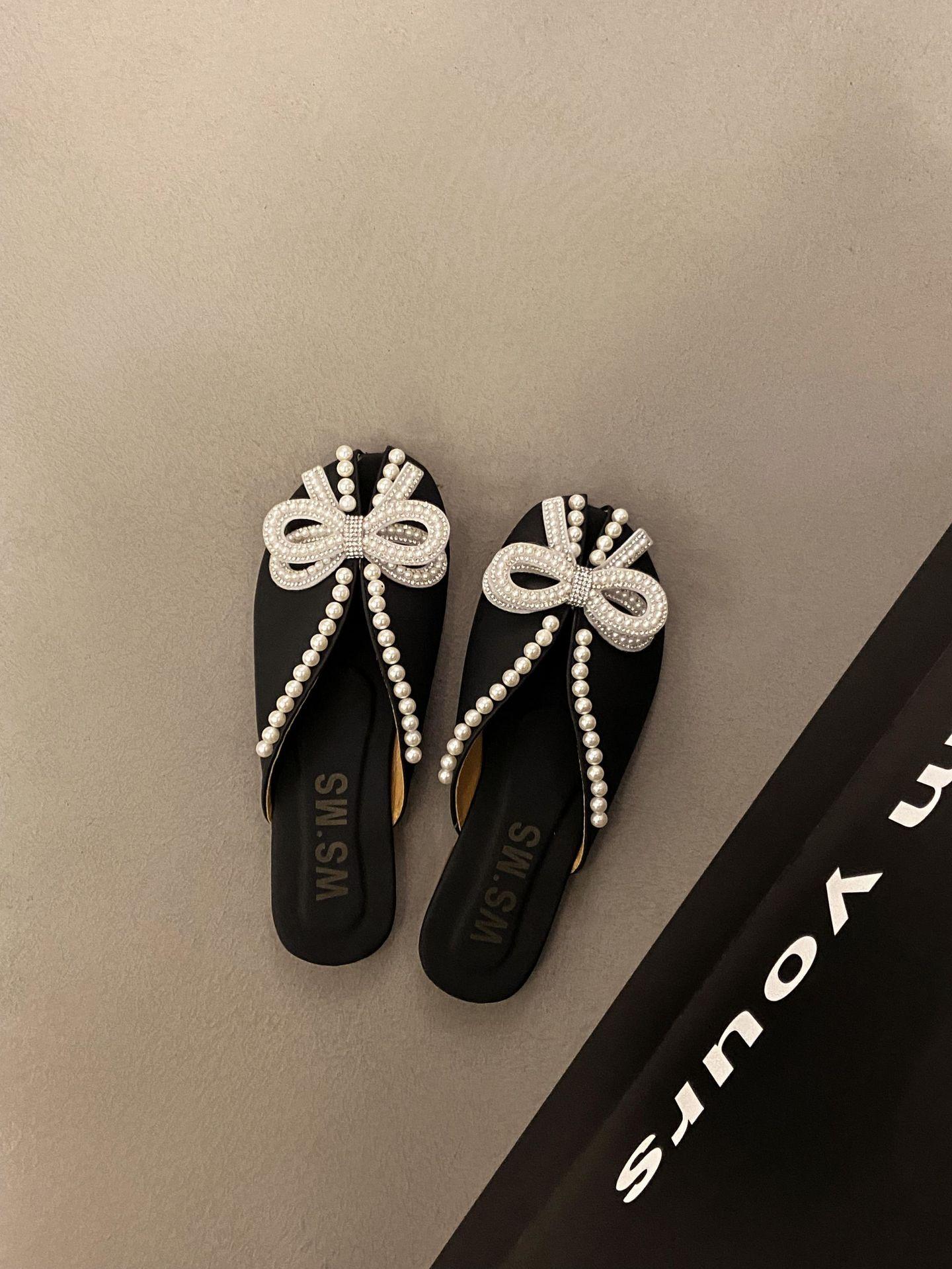 

Жемчужные тапочки-балетки с бантом, женские, с круглым носком, дышащие, домашние тапочки на один педаль, женские полые полутапочки 40 чёрный