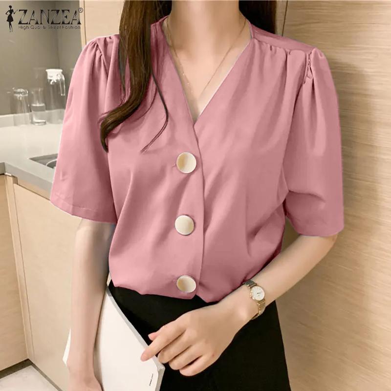 

ZANZEA Женская повседневная однотонная летняя блузка с v-образным вырезом и короткими рукавами, топы