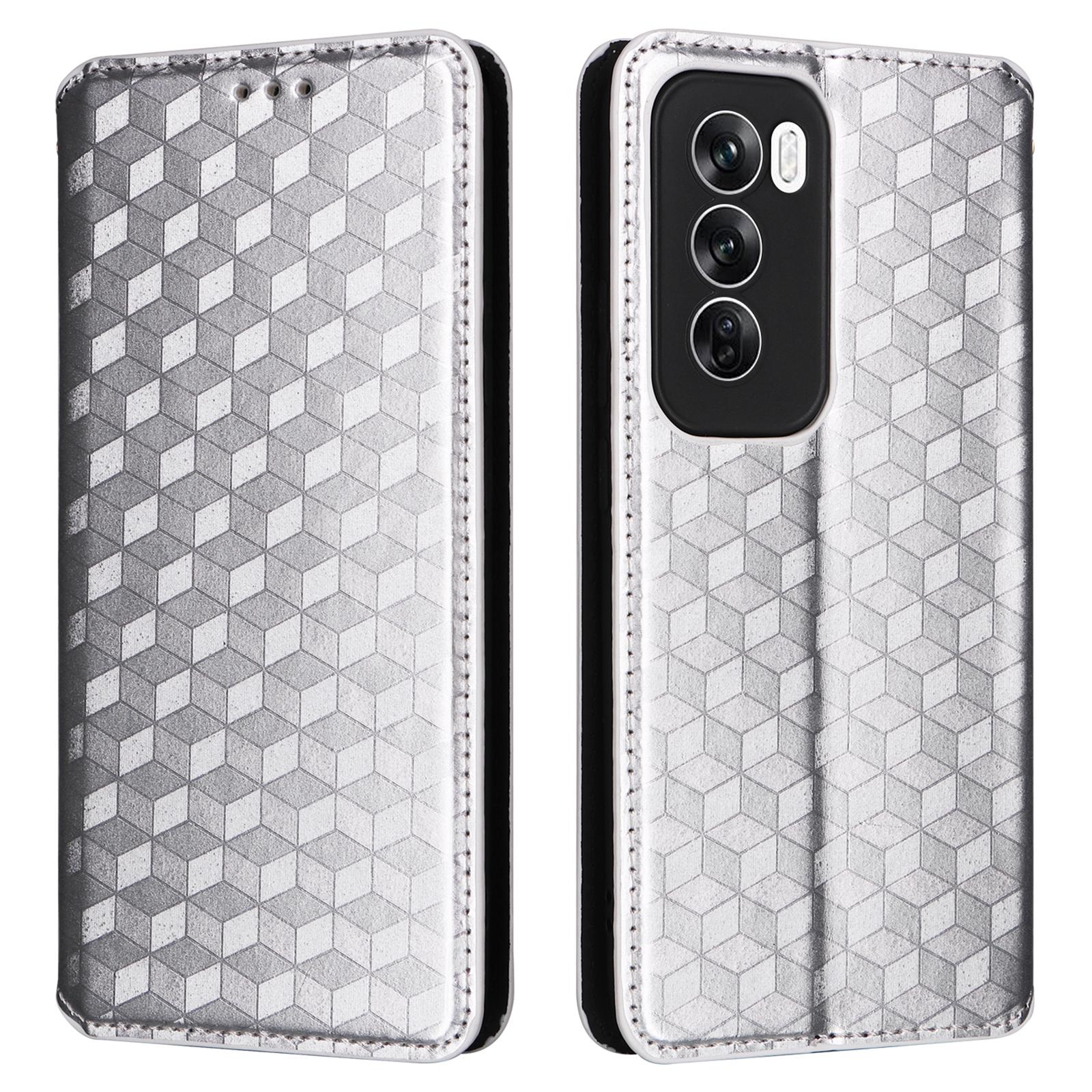 

For Oppo Reno12 5G (Global) Case Rhombus Leather Phone Cover Stand Magnetic Closure Silver