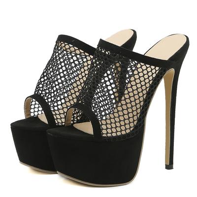 Liyke Peep Toe Plateau Heels Schwarze Mesh-Slipper Sommersandalen Modische Slipper Damen Pantoletten Party Stripper Schuhe