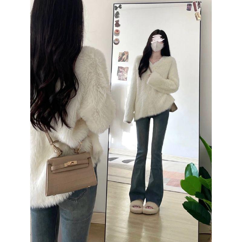 

Ленивый белый бархатный свитер верхняя одежда нишевый стиль вязаная одежда White S