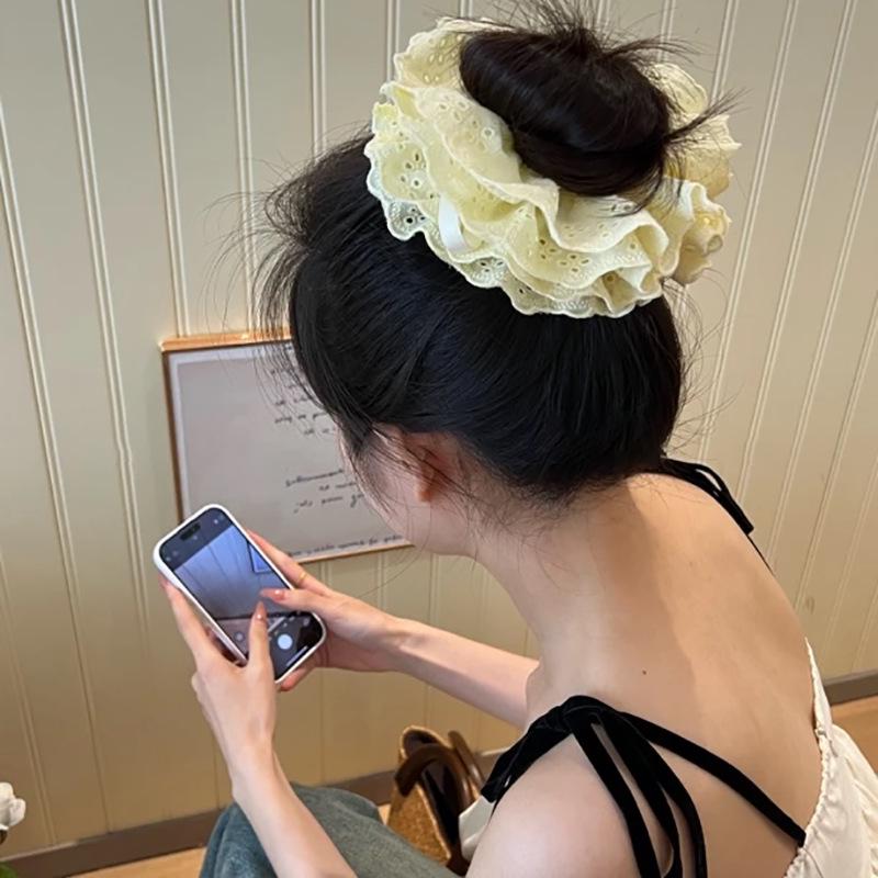 Elegant Korean Blue Striped Lace Trim Scrunchie