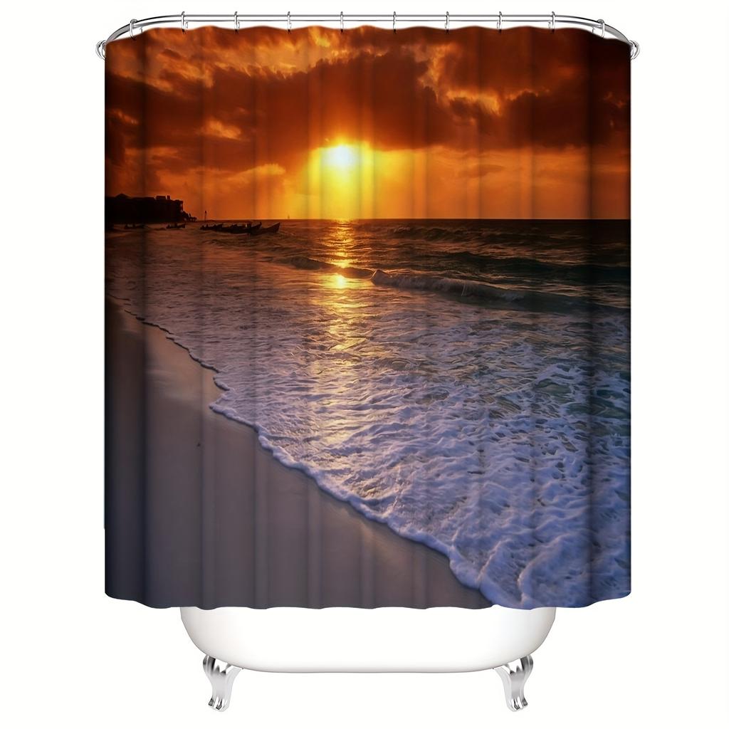 4pcs Sunset Ocean Beach View Shower Curtain Set Bathroom Sets Rugs With Non-Slip Bath Mat Toilet Lid Cover And U Shaped Rug
