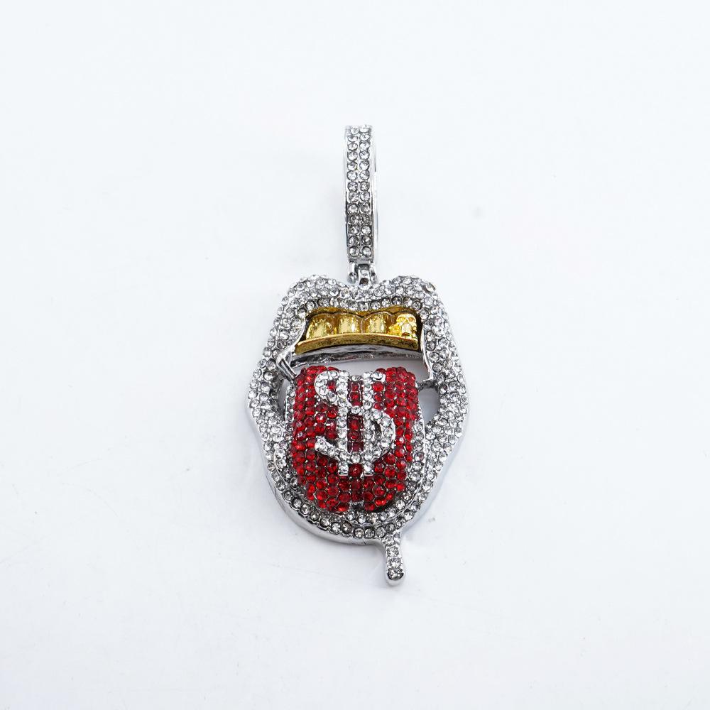Hip Hop Personality Three-Dimensional Rap Rap Alloy Full Diamond Tongue Pendant Necklace Hip Hop Trend Accessories