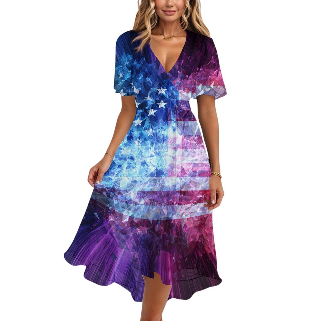Women's Casual V-Neck Short-Sleeve Independence Day Print Dress