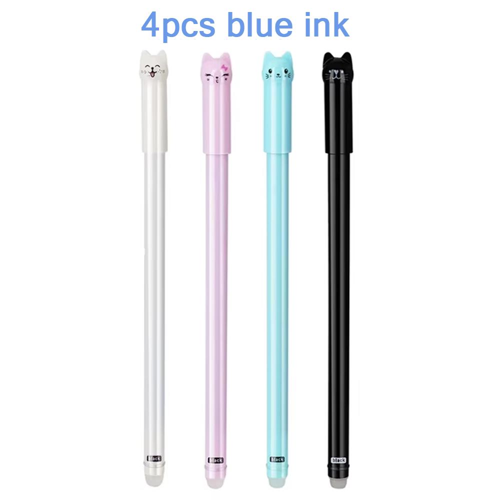 4/6Pack Cat-Themed Erasable Gel Pens 2 Colors Refill Set 0.5mm Fine Point Heat Sensitive with Rubber Grip Assorted Styles