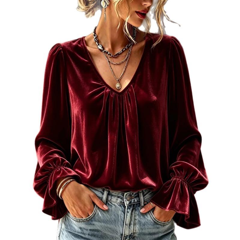 Autumn and winter women's clothing new velvet versatile V-neck pleated loose solid color long-sleeved shirt women