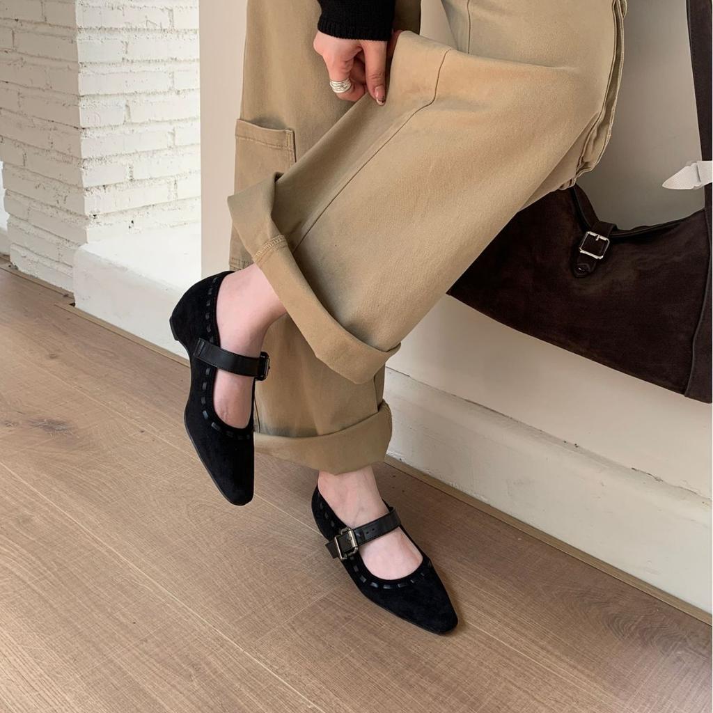 2025 new round head one-word with light mouth thick heel woven suede thick high heel Mary Jane women's shoes