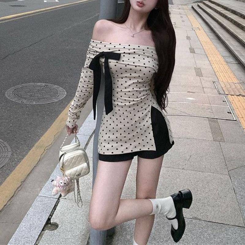 Slash Neck Polka Dot T-shirt Female Clothing Sweet Slim Stylish Bow Spring Autumn Commute Elegant Off Shoulder Split Pullovers