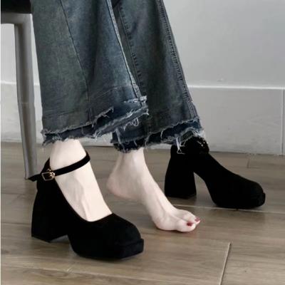 French One-word Buckle High Heels Women's Thick Heels Single Shoes Women's Bridesmaid Shoes Square Head Waterproof Table Thick-soled Mary Jane Shoes