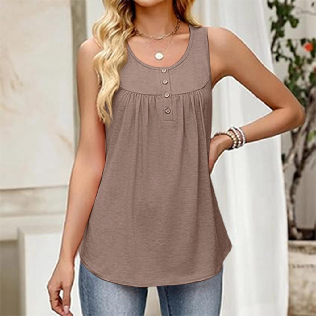 Women's Fashionable Plain Color, Round Neck, Button-Decorated Sleeveless Vest Top, Suitable For Both Inner And Outer Wear.