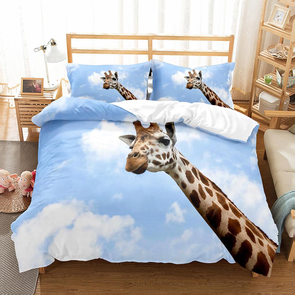 Farbenfrohe Giraffe Bettbezug-Set Niedliches Wildtiermuster Polyester Bettdeckenbezug Einzel-Doppelgröße für Kinder Bettwäsche-Set