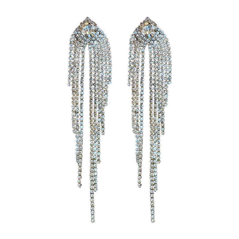 Luxury Zircon Tassel Silver Earrings – High-End European & American Fashion for Women