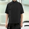 Summer Men Stand Neck Short Sleeve Side Buttons Casual Vintage Shirts Tops