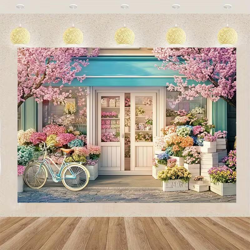 2D Cute Flower Shop Backdrop, Spring Bicycle Photo Studio Background