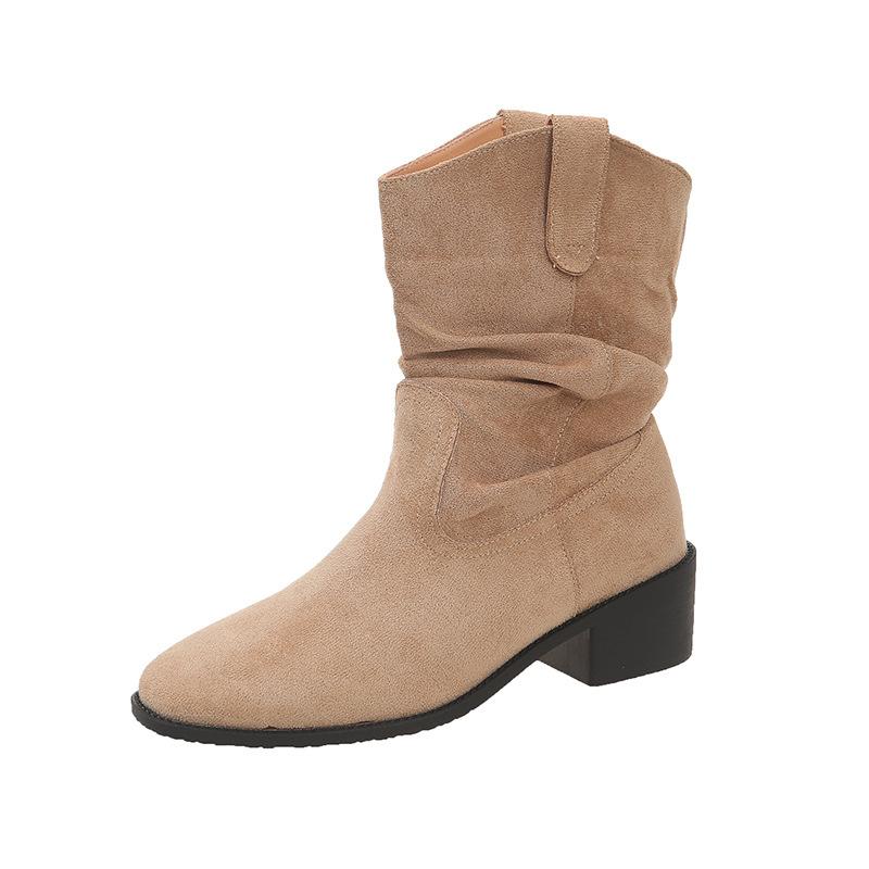 Knight boots women's 2025 new long tube thick heel Maillard brown tall boots retro suede pleated pile boots