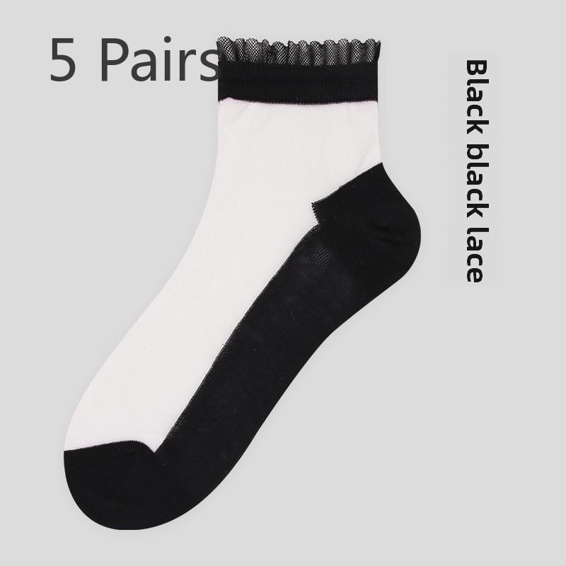 5 Pairs Female Spring Flower Edge Crystal Stockings Thin Summer Sweat Absorption Tube Female Stockings Glass Stockings