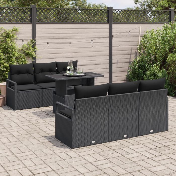 Ensemble de Canapés de Jardin de 7 Pièces avec Coussins Noir Poly Rattan, Canapé de Jardin 2 Places avec Coussins Noir Poly 3348749