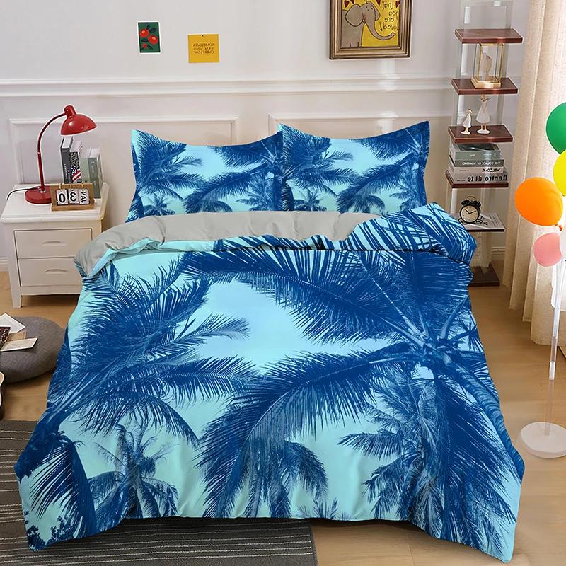 Tropical Botanical Leaves King Queen Duvet Cover Green Palm Leaves Polyester Bedding Set for Kids Teens Adults with Pillowcase