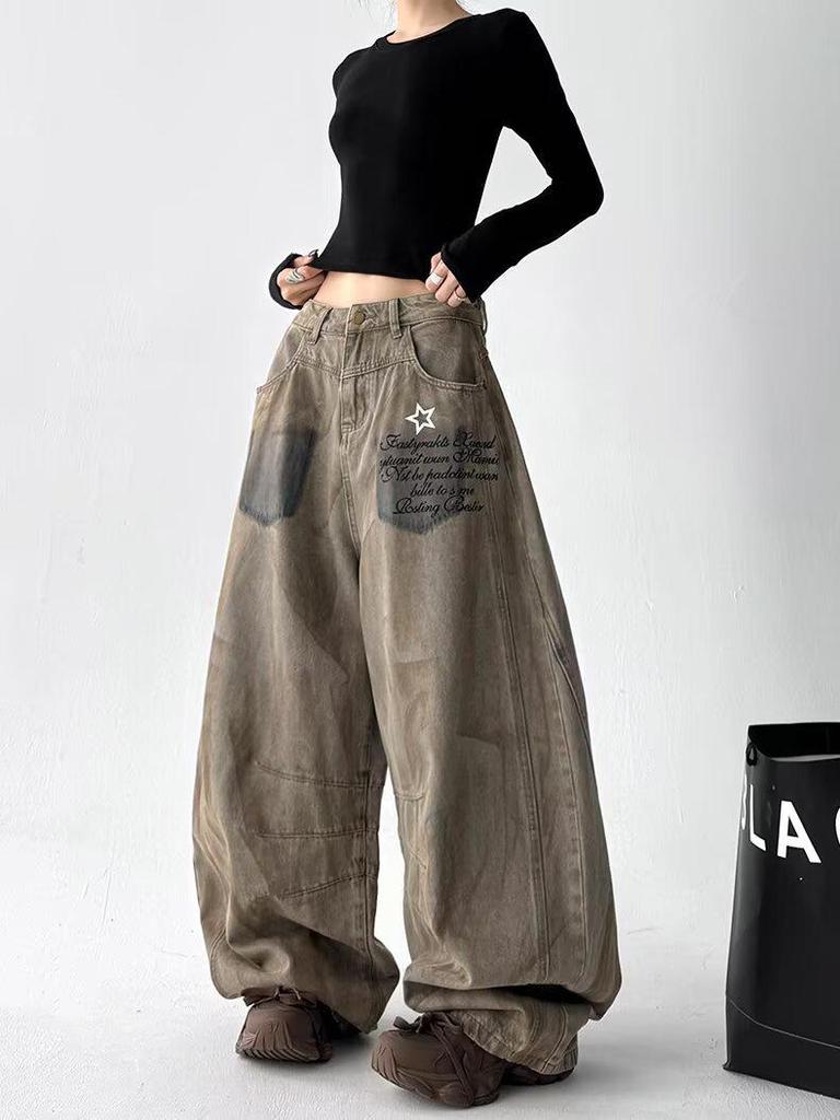 Women's Autumn Post-Apocalyptic Style Wide Leg Jeans - Dirty Dyed Print, Loose Curved Leg, Floor-Length Jazz Pants
