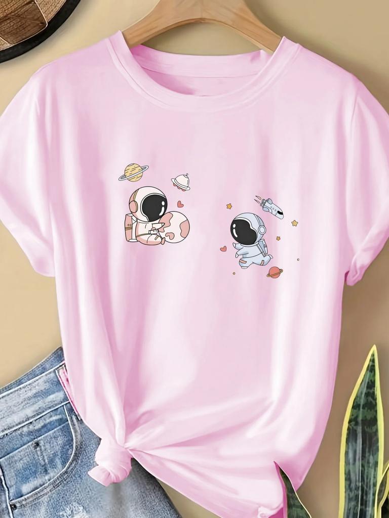 Kurzarm Cartoon Weltraum Design Lässig Lässig Damen Niedliches Astronauten Grafik T-Shirt Rundhals Sommer Lässig Streetwear Oberteile T-Shirts