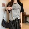American Contrasting Color Letter Short-sleeved T-shirt Women's Summer New Drawstring Front Shoulder Crew Neck Trendy Small Short Top